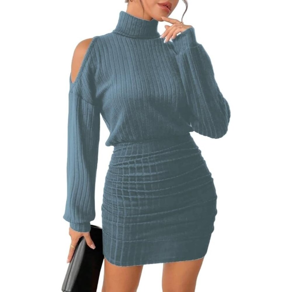 Women Pullover 87 Blue Sweater Dress Lantern Sleeve Turtleneck Ribbed Mini Fall